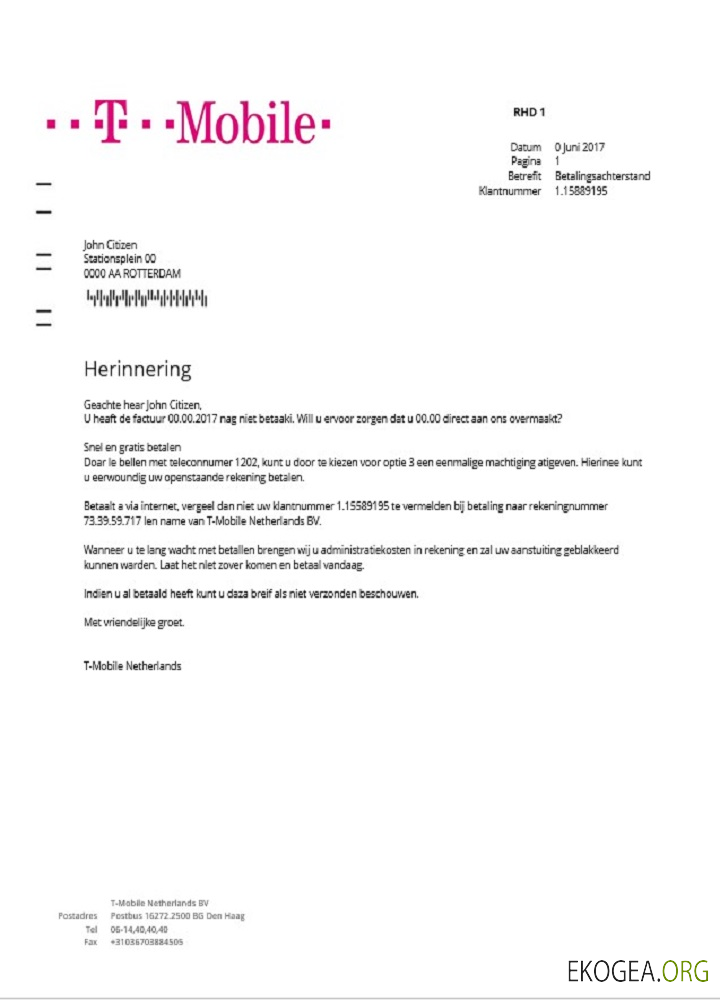 Netherlands T Mobile utility bill template in Word and PDF format